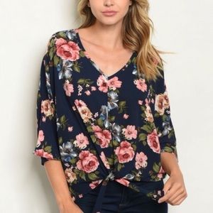 Sweet Claire Blue Floral Top Tie Front